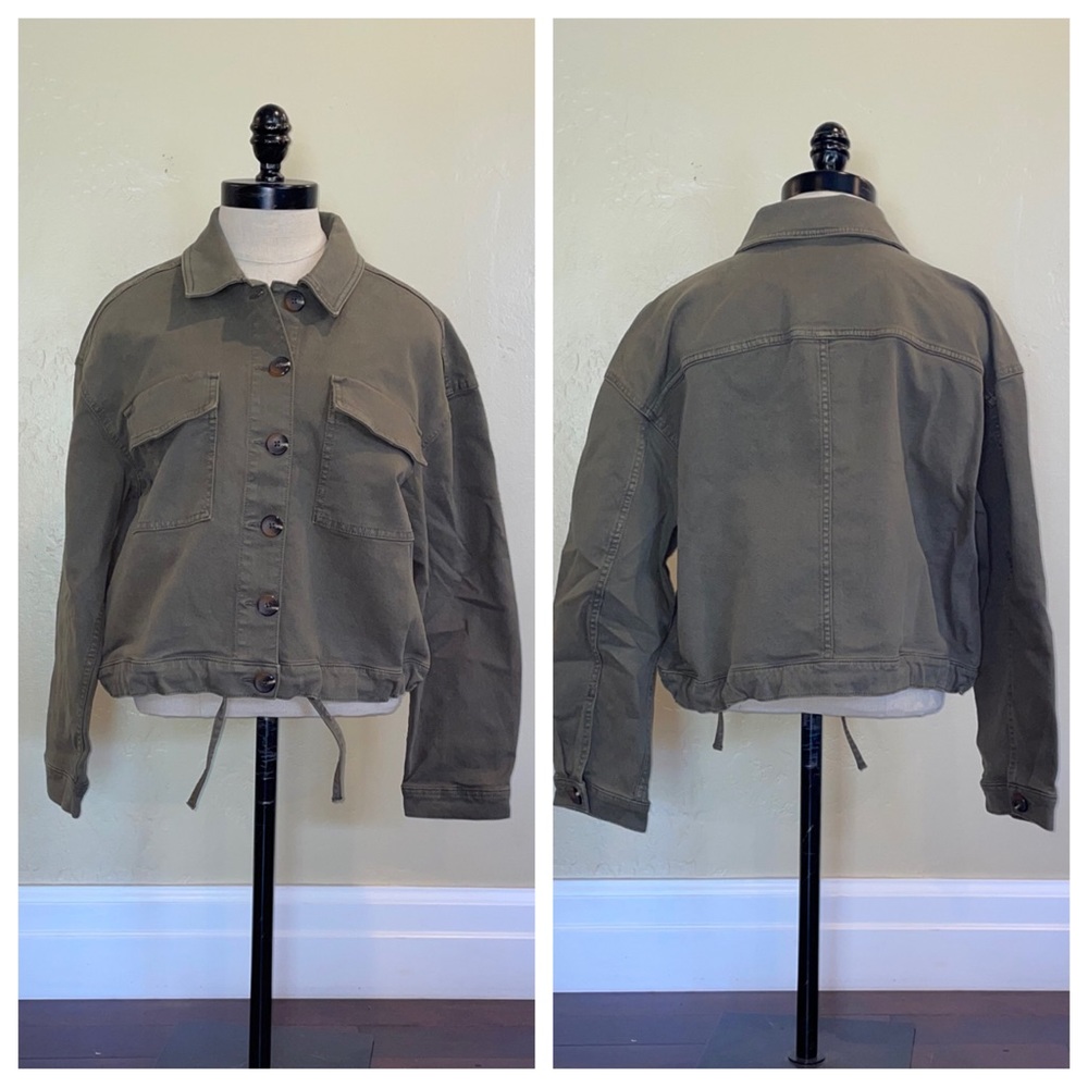 Loft Military Green Jacket Drawstring Hem Button Front Boxy Fit Denim Medium